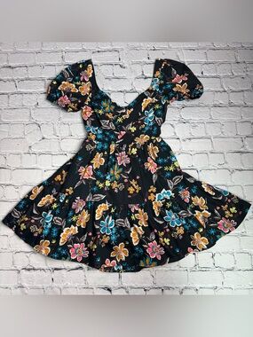 Aqua Black Floral Puff-Sleeve Tiered Fit & Flare Mini Dress 100% Cotton Size S